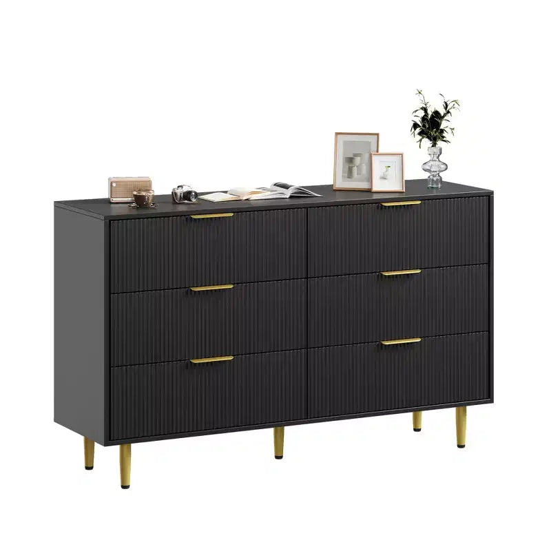 6-Drawer Modern Black Fluted Dresser, Wide Wooden Chest with Gold Metal Handles & Legs, Large Storage Organizer for Bedroom, Living Room & Entryway