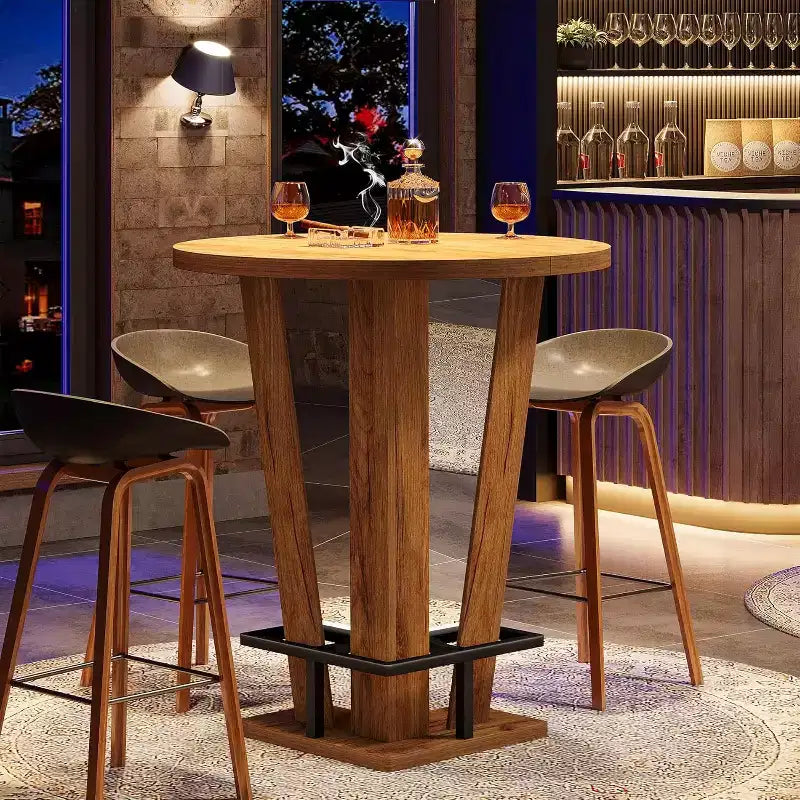 Tavolo da Bar Rotondo Alto 100 cm, Tavolo da Bistrot/Pub da Cocktail con Poggiapiedi in Metallo, Marrone