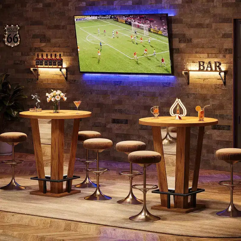 Tavolo da Bar Rotondo Alto 100 cm, Tavolo da Bistrot/Pub da Cocktail con Poggiapiedi in Metallo, Marrone