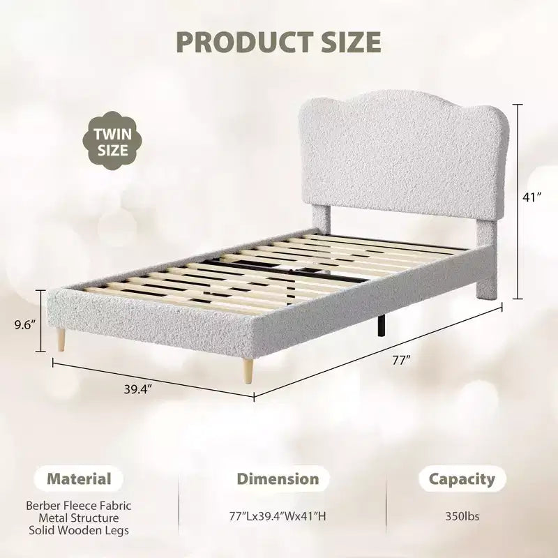 Letto Imbottito con Struttura a Piattaforma per Bambini - Simpatica Testiera Morbida o in Bouclé - Robusti Supporti a Doghe in Legno - Silenzioso, Nessun Box Spring Necessario