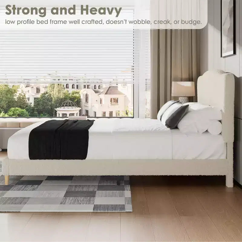 Letto Imbottito con Struttura a Piattaforma per Bambini - Simpatica Testiera Morbida o in Bouclé - Robusti Supporti a Doghe in Legno - Silenzioso, Nessun Box Spring Necessario