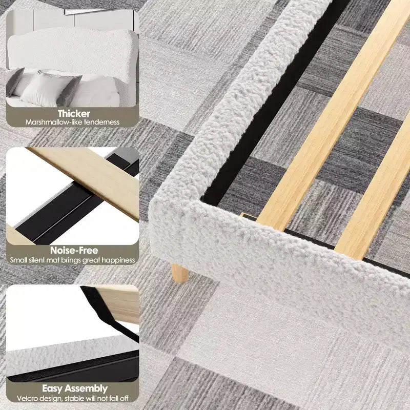 Letto Imbottito con Struttura a Piattaforma per Bambini - Simpatica Testiera Morbida o in Bouclé - Robusti Supporti a Doghe in Legno - Silenzioso, Nessun Box Spring Necessario