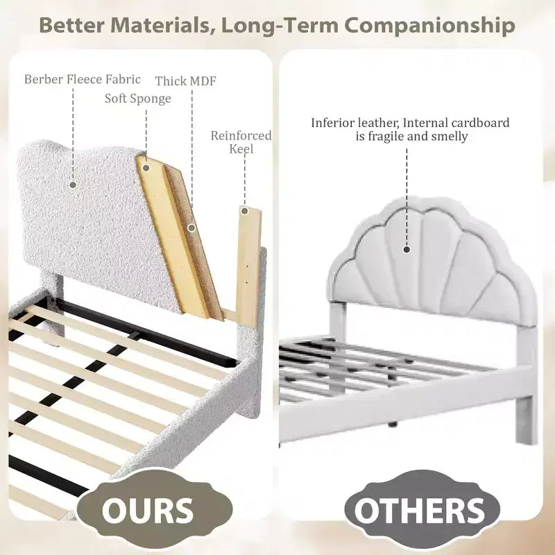 Letto Imbottito con Struttura a Piattaforma per Bambini - Simpatica Testiera Morbida o in Bouclé - Robusti Supporti a Doghe in Legno - Silenzioso, Nessun Box Spring Necessario