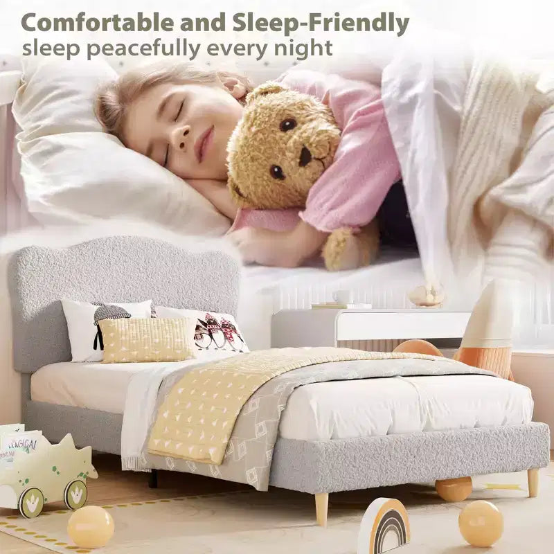 Letto Imbottito con Struttura a Piattaforma per Bambini - Simpatica Testiera Morbida o in Bouclé - Robusti Supporti a Doghe in Legno - Silenzioso, Nessun Box Spring Necessario