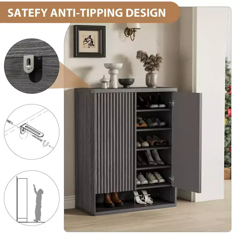 Moderna Scarpiera in Legno da 80 cm con Ripiani Regolabili, Anta Scanalata, Grande Organizzatore di Scarpe per Ingresso, Contiene 25-30 Paia, per Corridoio o Soggiorno