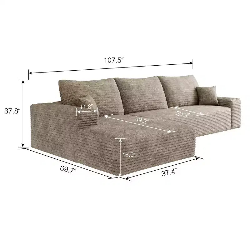 Divano componibile a L "Cloud" moderno da 107" con chaise longue, divano modulare con seduta profonda, in velluto a coste