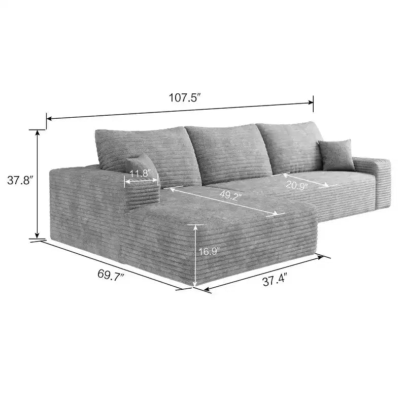 Divano componibile a L "Cloud" moderno da 107" con chaise longue, divano modulare con seduta profonda, in velluto a coste