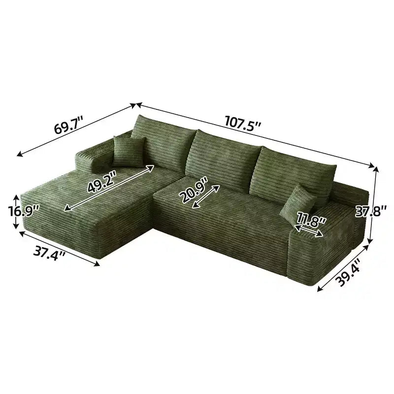 Divano componibile a L "Cloud" moderno da 107" con chaise longue, divano modulare con seduta profonda, in velluto a coste
