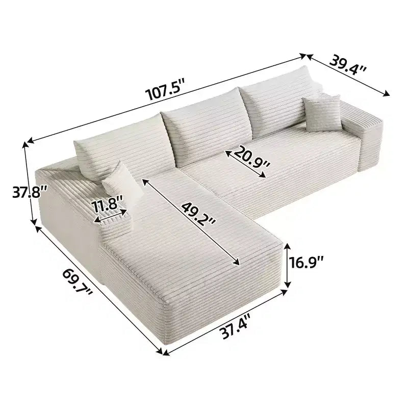 Divano componibile a L "Cloud" moderno da 107" con chaise longue, divano modulare con seduta profonda, in velluto a coste