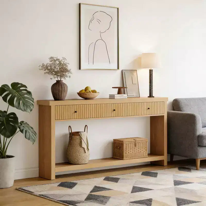 Consolle Kensley 70" con 3 cassetti, stile minimalista giapponese, finitura Wild Oak