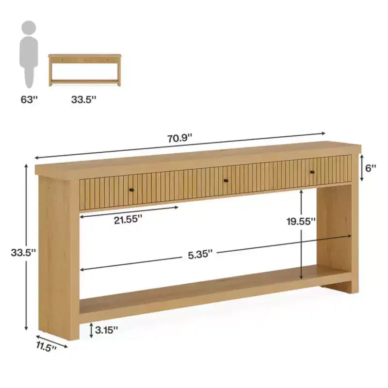Consolle Kensley 70" con 3 cassetti, stile minimalista giapponese, finitura Wild Oak