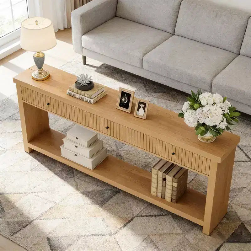 Consolle Kensley 70" con 3 cassetti, stile minimalista giapponese, finitura Wild Oak