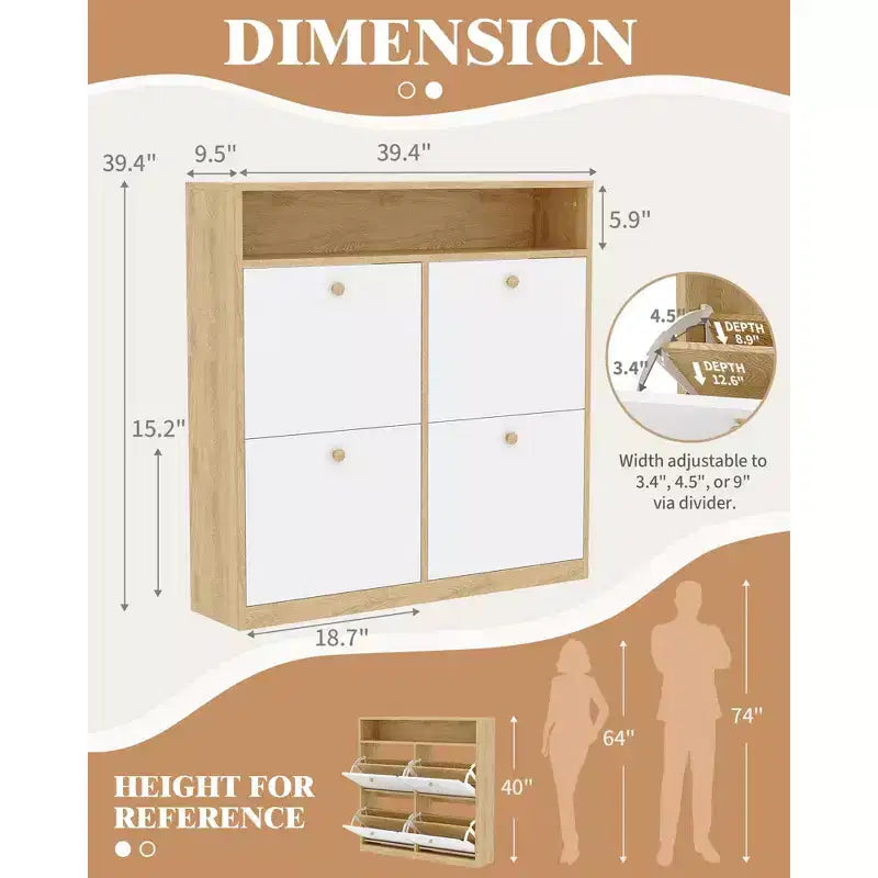 Mobile scarpiera stretto in legno con 4 cassetti a ribalta e ripiano aperto, organizer portatile per scarpe da ingresso, corridoio e camera da letto