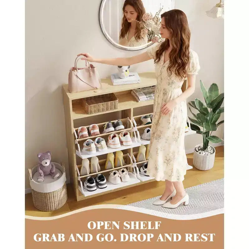 Mobile scarpiera stretto in legno con 4 cassetti a ribalta e ripiano aperto, organizer portatile per scarpe da ingresso, corridoio e camera da letto