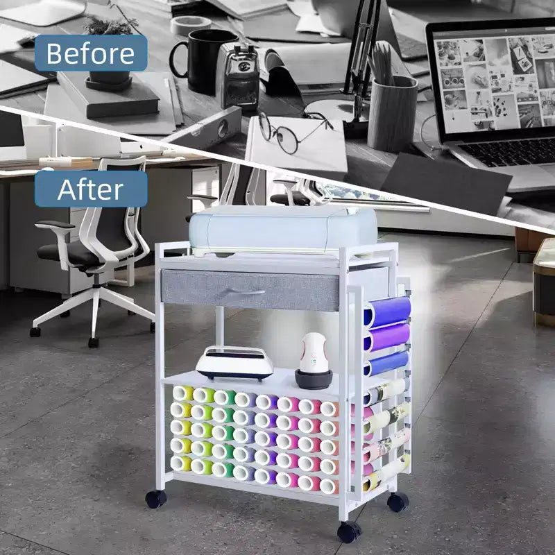 Carrello Mobile Portaoggetti per il Fai da Te con Portarotoli in Vinile e Supporto per Termopressa, Organizer Compatibile con Ruote e Cassetto per la Stanza del Fai da Te
