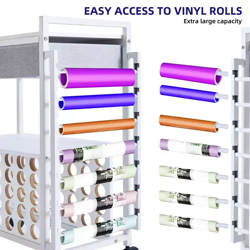 Carrello Mobile Portaoggetti per il Fai da Te con Portarotoli in Vinile e Supporto per Termopressa, Organizer Compatibile con Ruote e Cassetto per la Stanza del Fai da Te