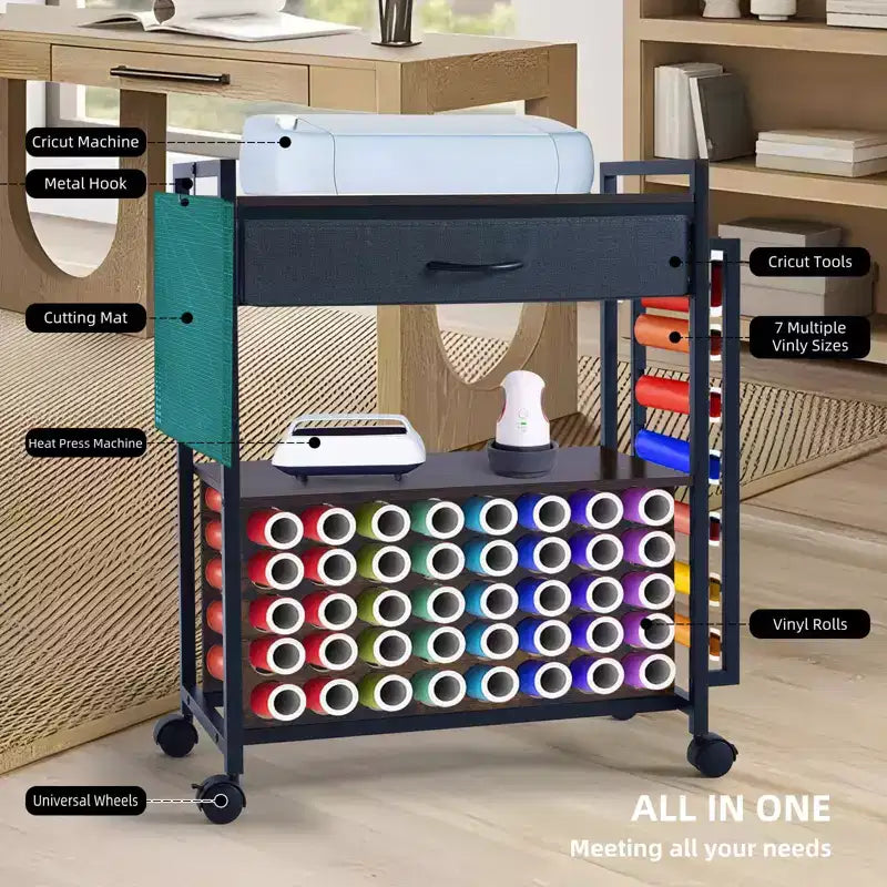 Carrello Mobile Portaoggetti per il Fai da Te con Portarotoli in Vinile e Supporto per Termopressa, Organizer Compatibile con Ruote e Cassetto per la Stanza del Fai da Te