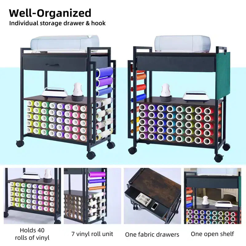 Carrello Mobile Portaoggetti per il Fai da Te con Portarotoli in Vinile e Supporto per Termopressa, Organizer Compatibile con Ruote e Cassetto per la Stanza del Fai da Te