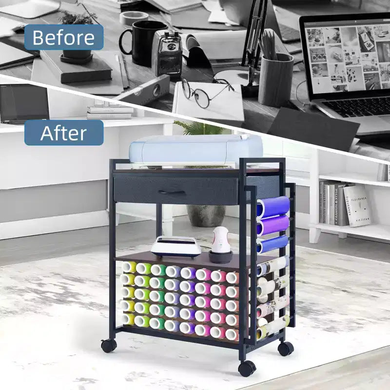 Carrello Mobile Portaoggetti per il Fai da Te con Portarotoli in Vinile e Supporto per Termopressa, Organizer Compatibile con Ruote e Cassetto per la Stanza del Fai da Te