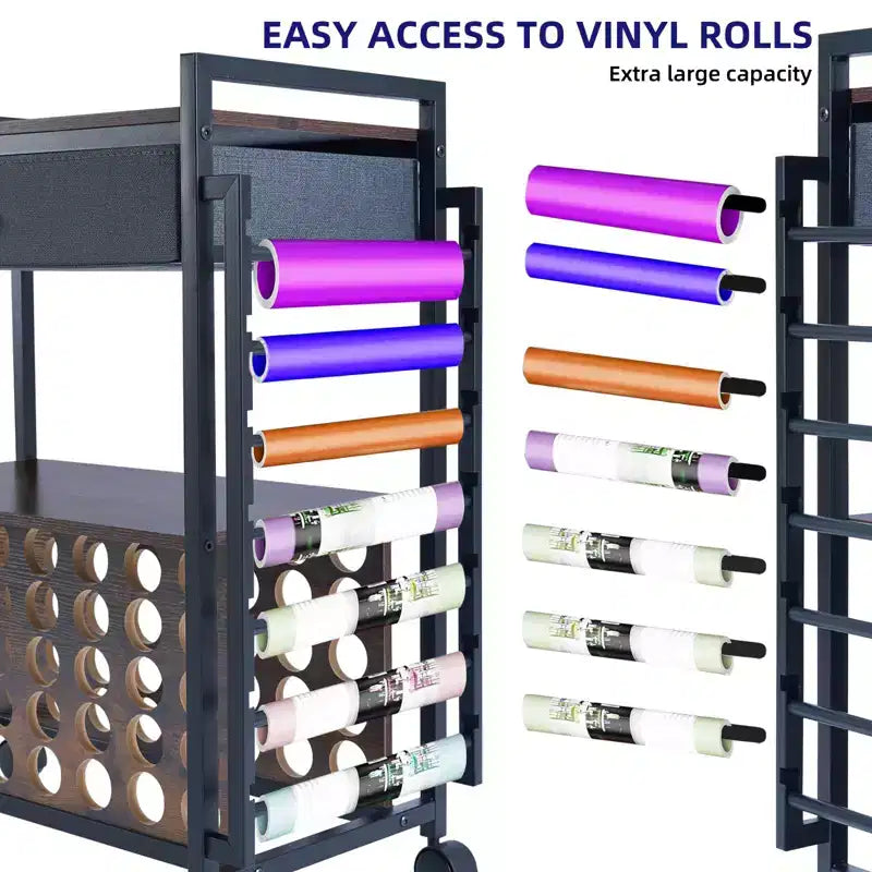 Carrello Mobile Portaoggetti per il Fai da Te con Portarotoli in Vinile e Supporto per Termopressa, Organizer Compatibile con Ruote e Cassetto per la Stanza del Fai da Te