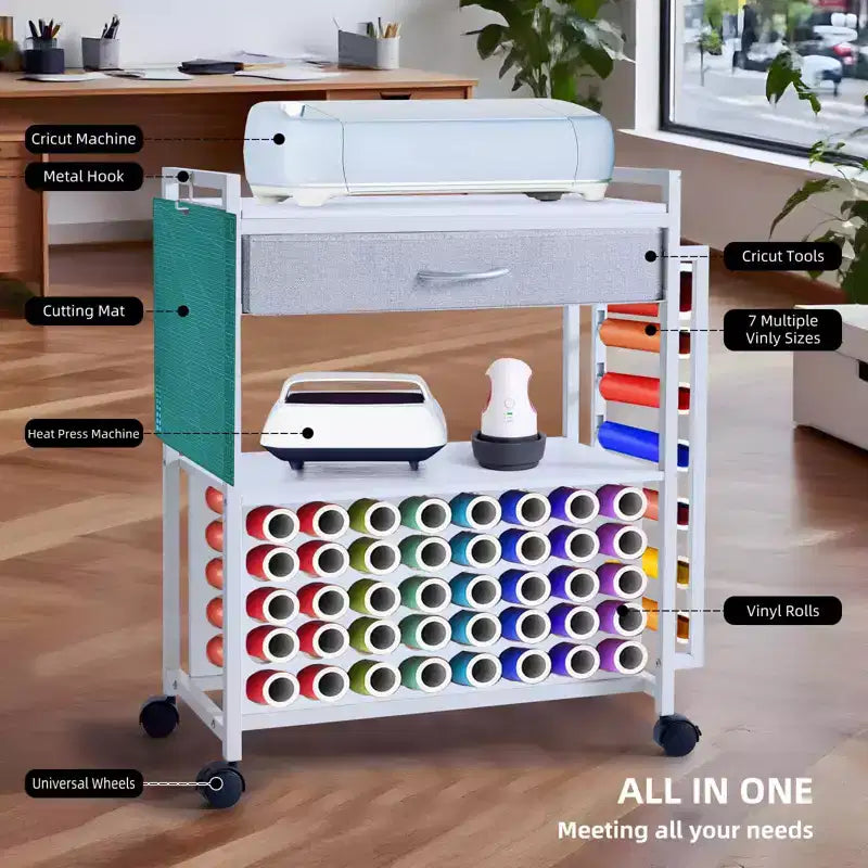 Carrello Mobile Portaoggetti per il Fai da Te con Portarotoli in Vinile e Supporto per Termopressa, Organizer Compatibile con Ruote e Cassetto per la Stanza del Fai da Te
