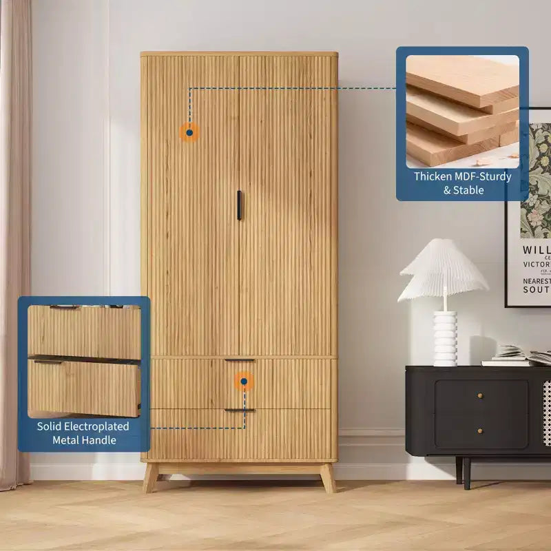 Armadio a 2 ante in legno da 71 pollici, con asta appendiabiti, ripiano regolabile e 2 cassetti, mobile da camera da letto o palestra, autoportante