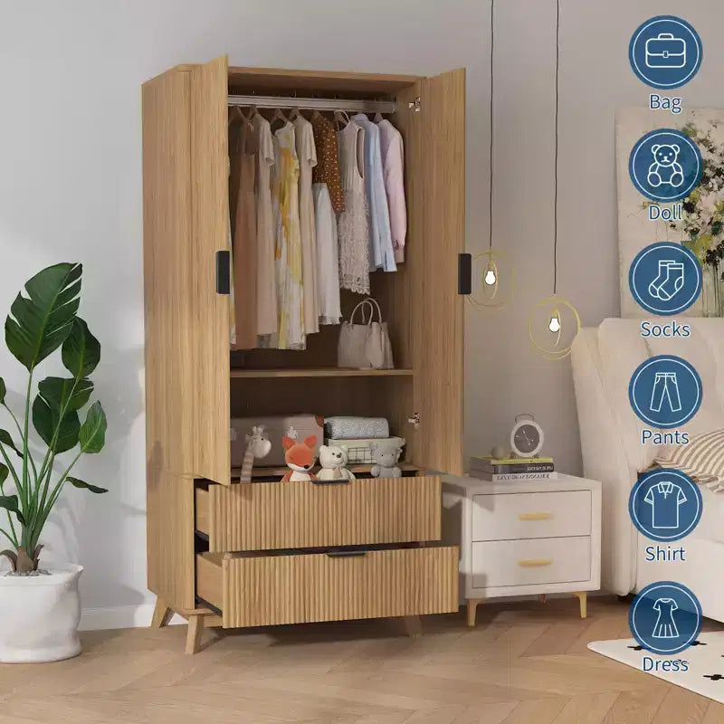 Armadio a 2 ante in legno da 71 pollici, con asta appendiabiti, ripiano regolabile e 2 cassetti, mobile da camera da letto o palestra, autoportante