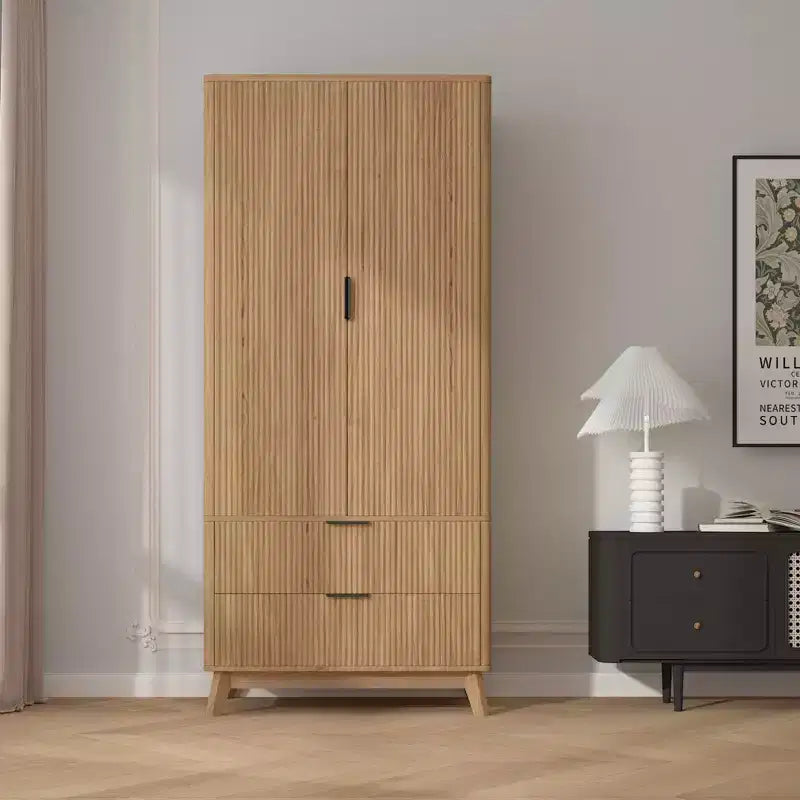 Armadio a 2 ante in legno da 71 pollici, con asta appendiabiti, ripiano regolabile e 2 cassetti, mobile da camera da letto o palestra, autoportante