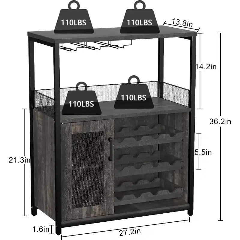 Mobile Bar per Caffè e Vino con Portabottiglie Rimovibile, Porta Bicchieri, Cassetto e Anta in Rete – Credenza e Contenitore per Sala da Pranzo, Cucina