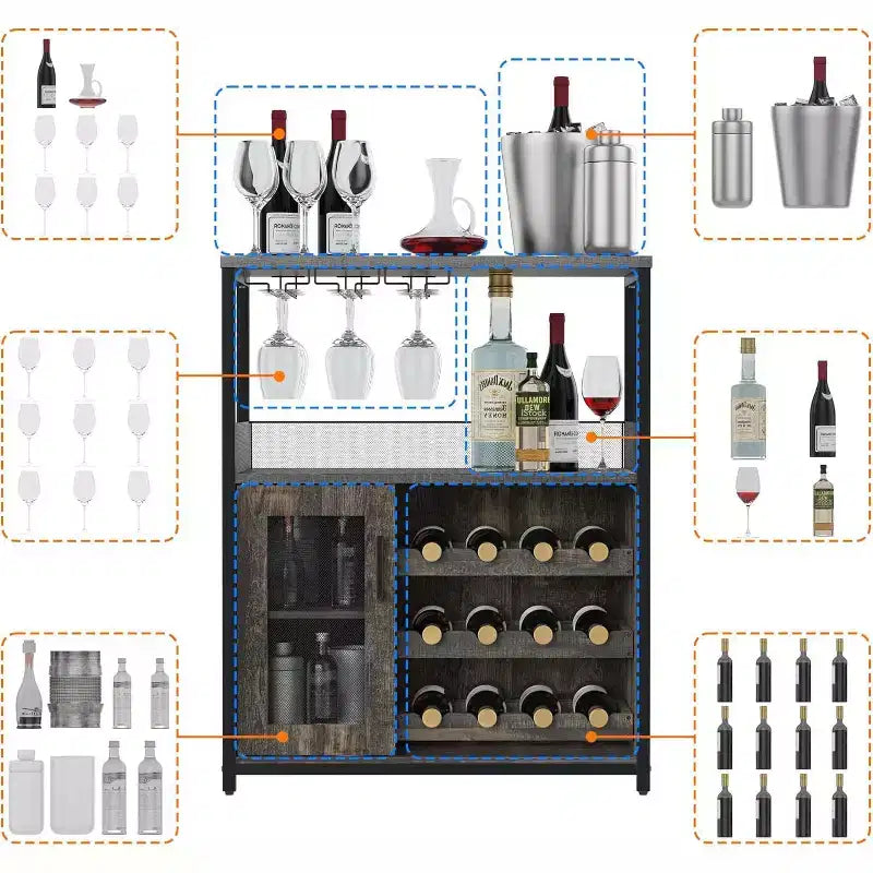 Mobile Bar per Caffè e Vino con Portabottiglie Rimovibile, Porta Bicchieri, Cassetto e Anta in Rete – Credenza e Contenitore per Sala da Pranzo, Cucina