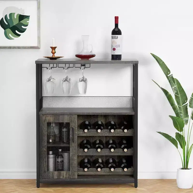 Mobile Bar per Caffè e Vino con Portabottiglie Rimovibile, Porta Bicchieri, Cassetto e Anta in Rete – Credenza e Contenitore per Sala da Pranzo, Cucina
