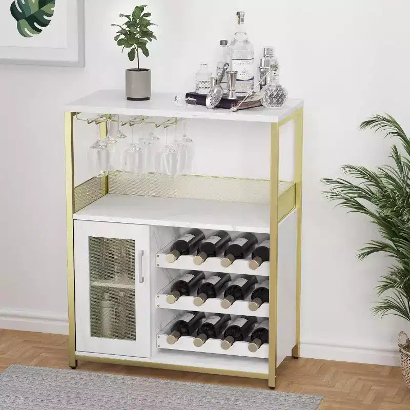 Mobile Bar per Caffè e Vino con Portabottiglie Rimovibile, Porta Bicchieri, Cassetto e Anta in Rete – Credenza e Contenitore per Sala da Pranzo, Cucina