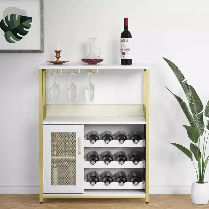 Mobile Bar per Caffè e Vino con Portabottiglie Rimovibile, Porta Bicchieri, Cassetto e Anta in Rete – Credenza e Contenitore per Sala da Pranzo, Cucina