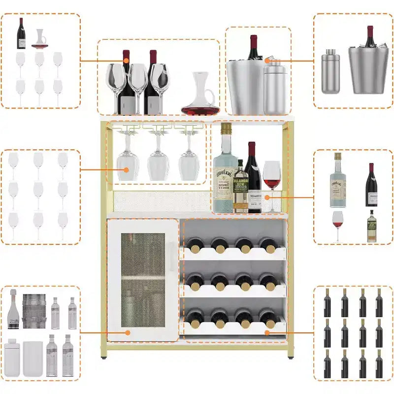 Mobile Bar per Caffè e Vino con Portabottiglie Rimovibile, Porta Bicchieri, Cassetto e Anta in Rete – Credenza e Contenitore per Sala da Pranzo, Cucina