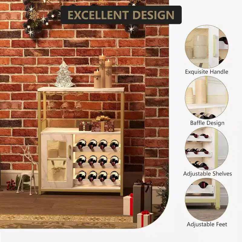 Mobile Bar per Caffè e Vino con Portabottiglie Rimovibile, Porta Bicchieri, Cassetto e Anta in Rete – Credenza e Contenitore per Sala da Pranzo, Cucina