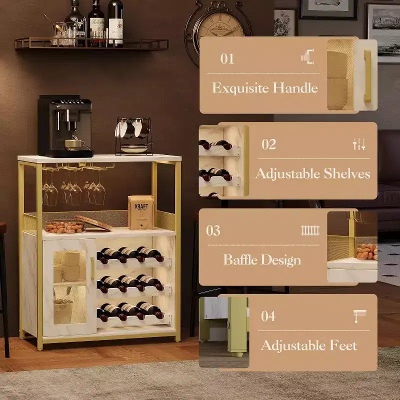 Mobile Bar per Caffè e Vino con Portabottiglie Rimovibile, Porta Bicchieri, Cassetto e Anta in Rete – Credenza e Contenitore per Sala da Pranzo, Cucina