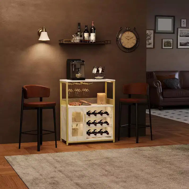 Mobile Bar per Caffè e Vino con Portabottiglie Rimovibile, Porta Bicchieri, Cassetto e Anta in Rete – Credenza e Contenitore per Sala da Pranzo, Cucina