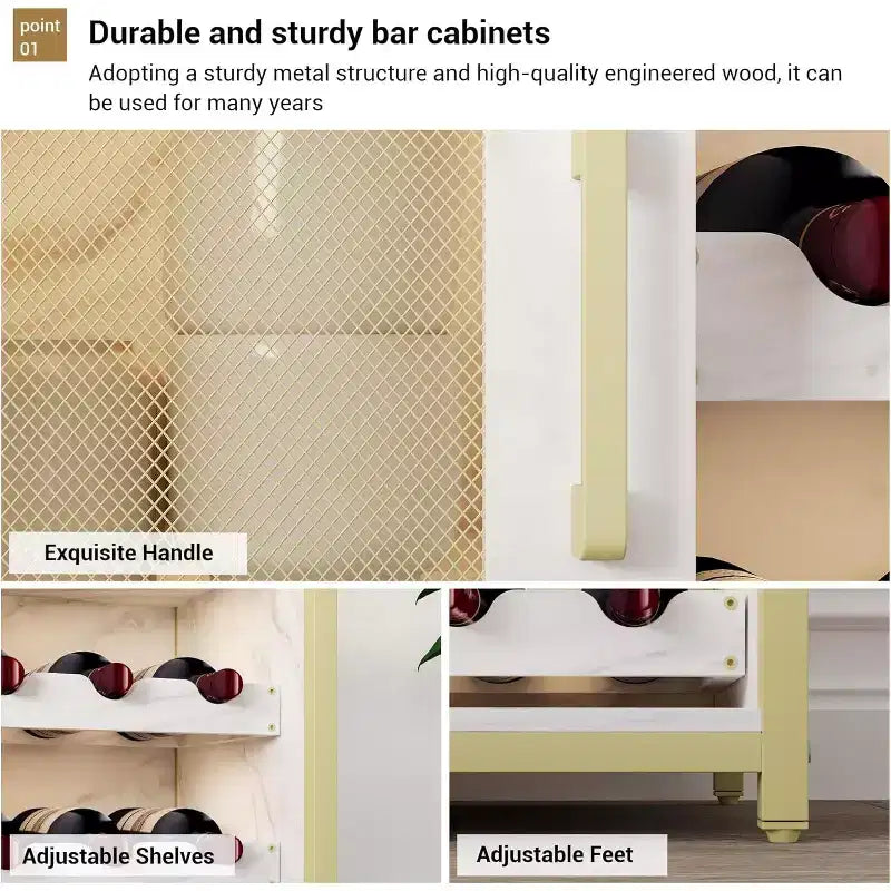 Mobile Bar per Caffè e Vino con Portabottiglie Rimovibile, Porta Bicchieri, Cassetto e Anta in Rete – Credenza e Contenitore per Sala da Pranzo, Cucina