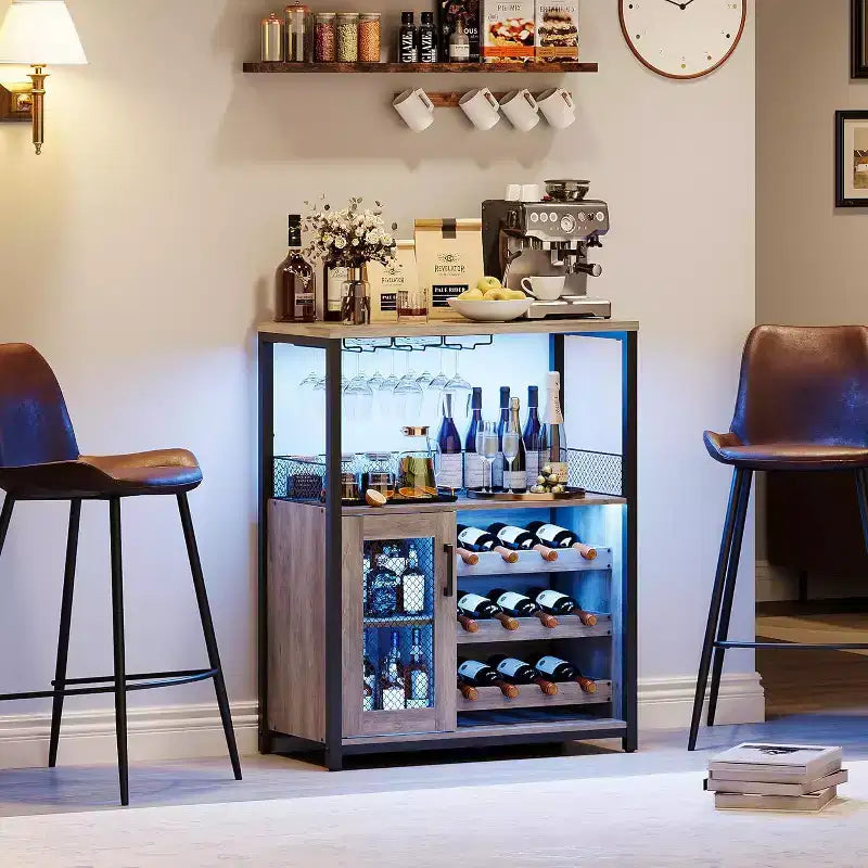 Mobile Bar per Caffè e Vino con Portabottiglie Rimovibile, Porta Bicchieri, Cassetto e Anta in Rete – Credenza e Contenitore per Sala da Pranzo, Cucina