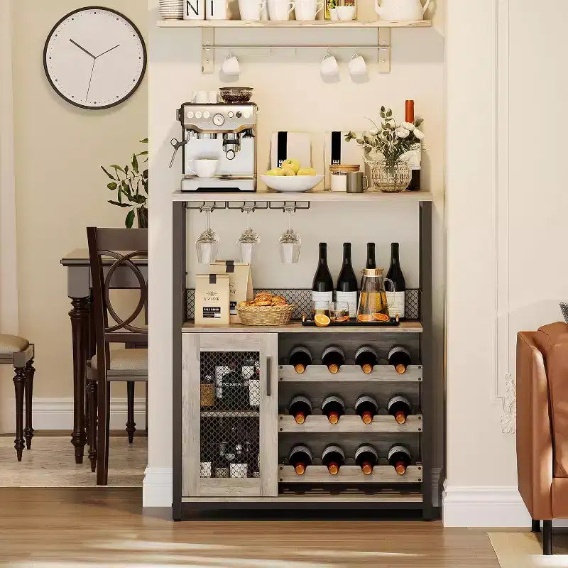 Mobile Bar per Caffè e Vino con Portabottiglie Rimovibile, Porta Bicchieri, Cassetto e Anta in Rete – Credenza e Contenitore per Sala da Pranzo, Cucina