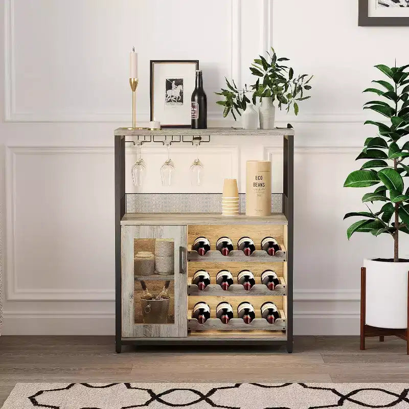 Mobile Bar per Caffè e Vino con Portabottiglie Rimovibile, Porta Bicchieri, Cassetto e Anta in Rete – Credenza e Contenitore per Sala da Pranzo, Cucina