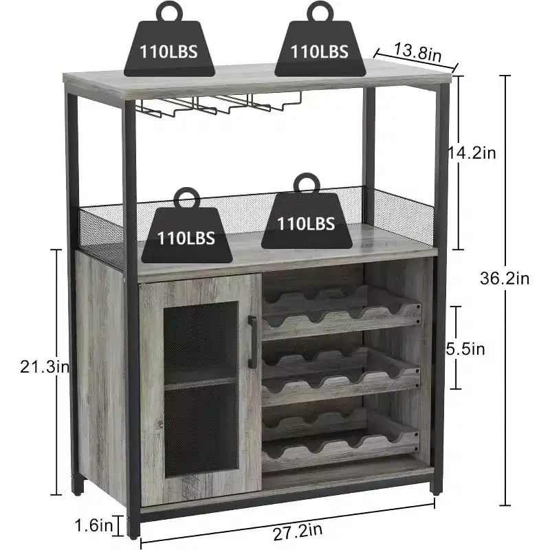 Mobile Bar per Caffè e Vino con Portabottiglie Rimovibile, Porta Bicchieri, Cassetto e Anta in Rete – Credenza e Contenitore per Sala da Pranzo, Cucina