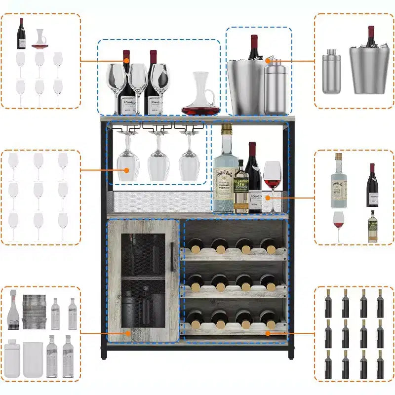 Mobile Bar per Caffè e Vino con Portabottiglie Rimovibile, Porta Bicchieri, Cassetto e Anta in Rete – Credenza e Contenitore per Sala da Pranzo, Cucina