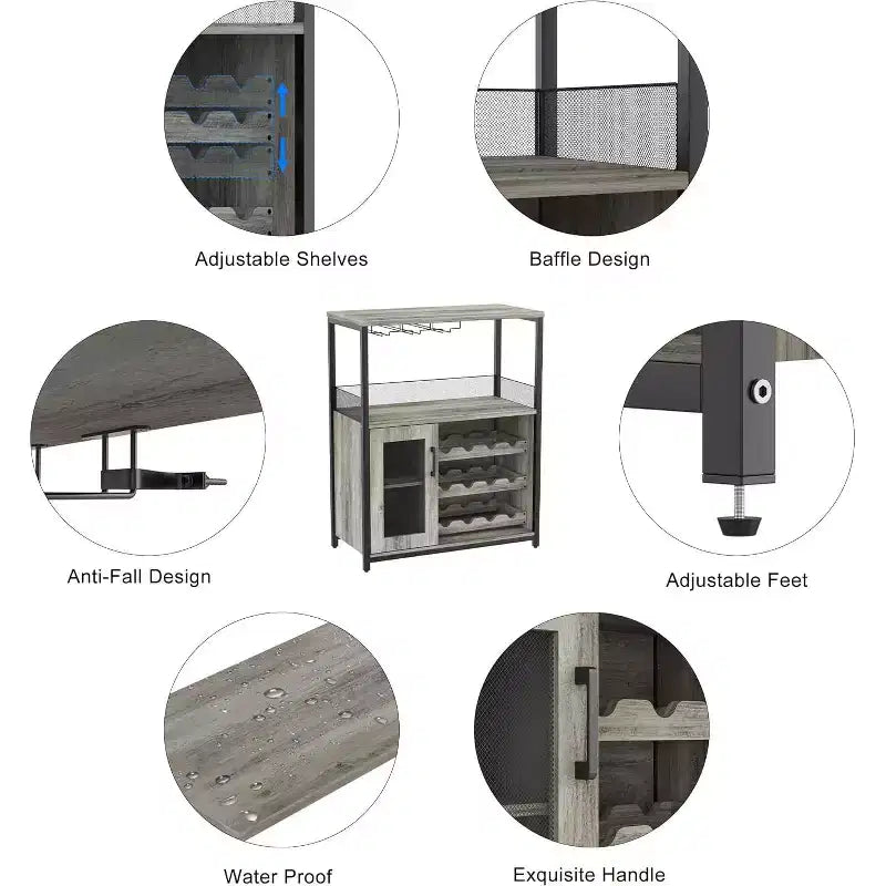 Mobile Bar per Caffè e Vino con Portabottiglie Rimovibile, Porta Bicchieri, Cassetto e Anta in Rete – Credenza e Contenitore per Sala da Pranzo, Cucina