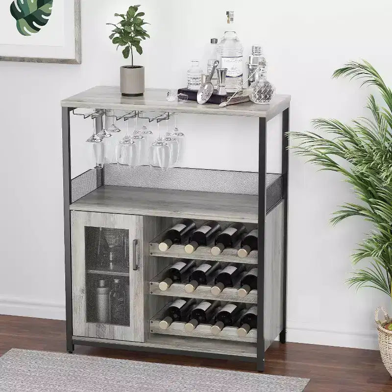Mobile Bar per Caffè e Vino con Portabottiglie Rimovibile, Porta Bicchieri, Cassetto e Anta in Rete – Credenza e Contenitore per Sala da Pranzo, Cucina