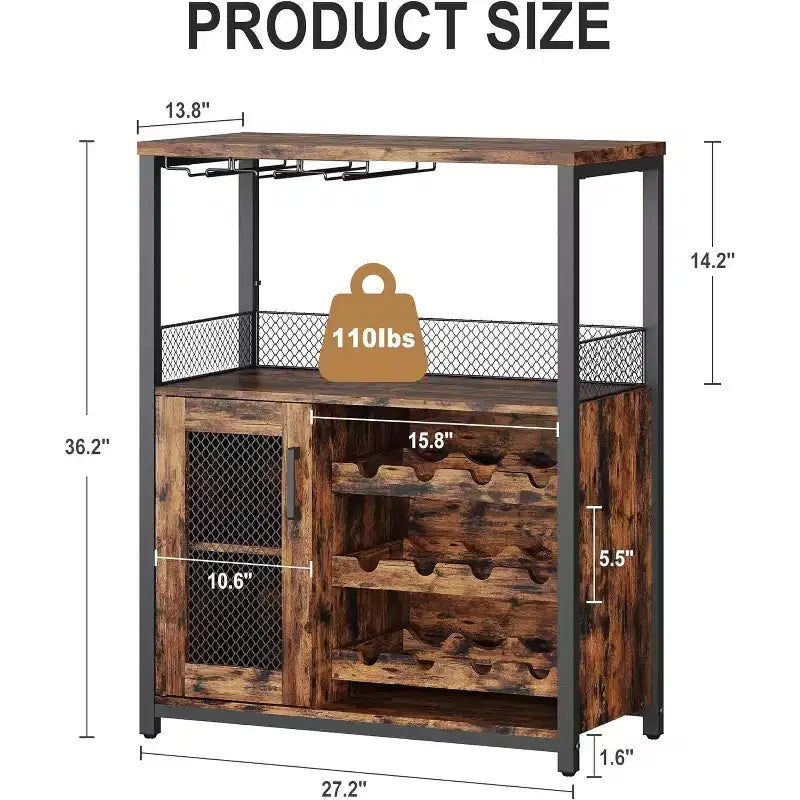 Mobile Bar per Caffè e Vino con Portabottiglie Rimovibile, Porta Bicchieri, Cassetto e Anta in Rete – Credenza e Contenitore per Sala da Pranzo, Cucina