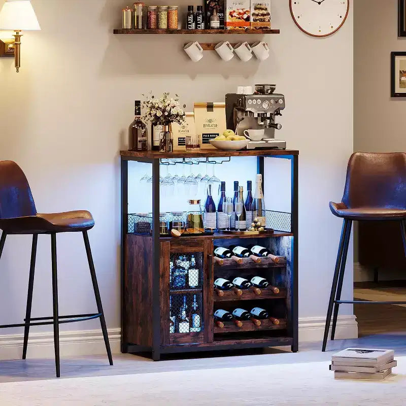 Mobile Bar per Caffè e Vino con Portabottiglie Rimovibile, Porta Bicchieri, Cassetto e Anta in Rete – Credenza e Contenitore per Sala da Pranzo, Cucina
