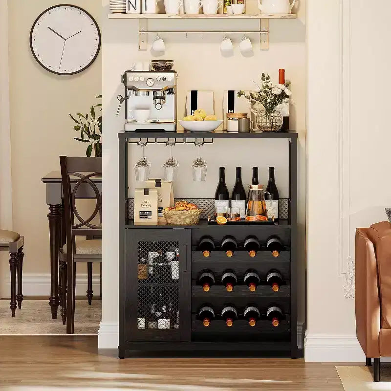 Mobile Bar per Caffè e Vino con Portabottiglie Rimovibile, Porta Bicchieri, Cassetto e Anta in Rete – Credenza e Contenitore per Sala da Pranzo, Cucina