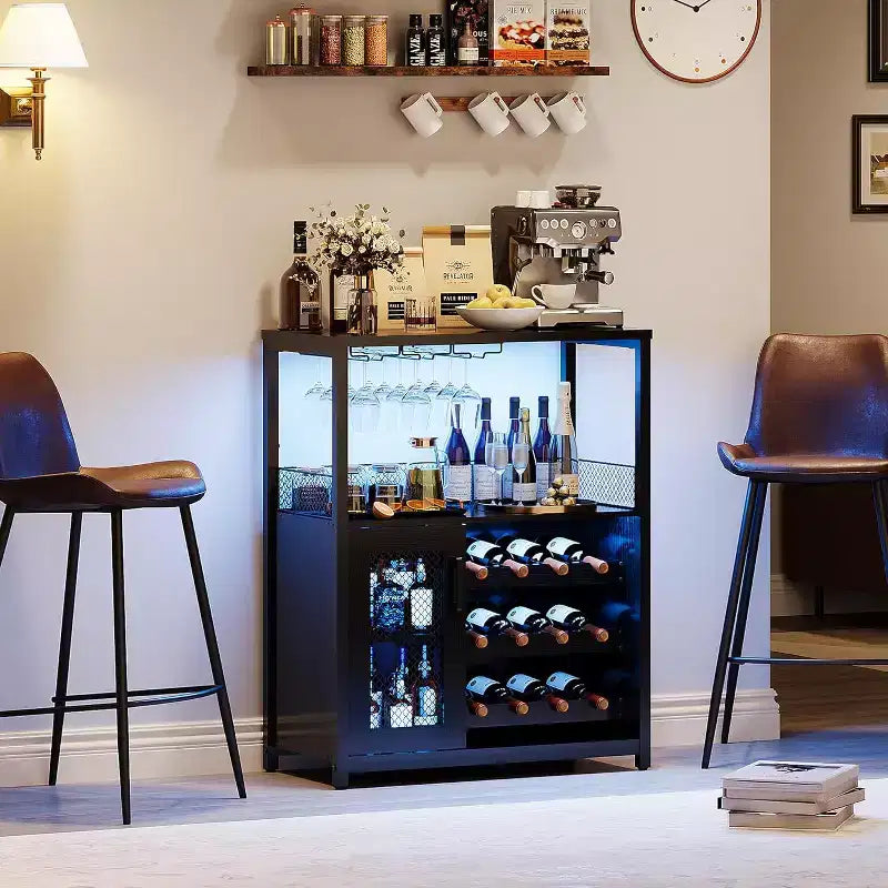 Mobile Bar per Caffè e Vino con Portabottiglie Rimovibile, Porta Bicchieri, Cassetto e Anta in Rete – Credenza e Contenitore per Sala da Pranzo, Cucina