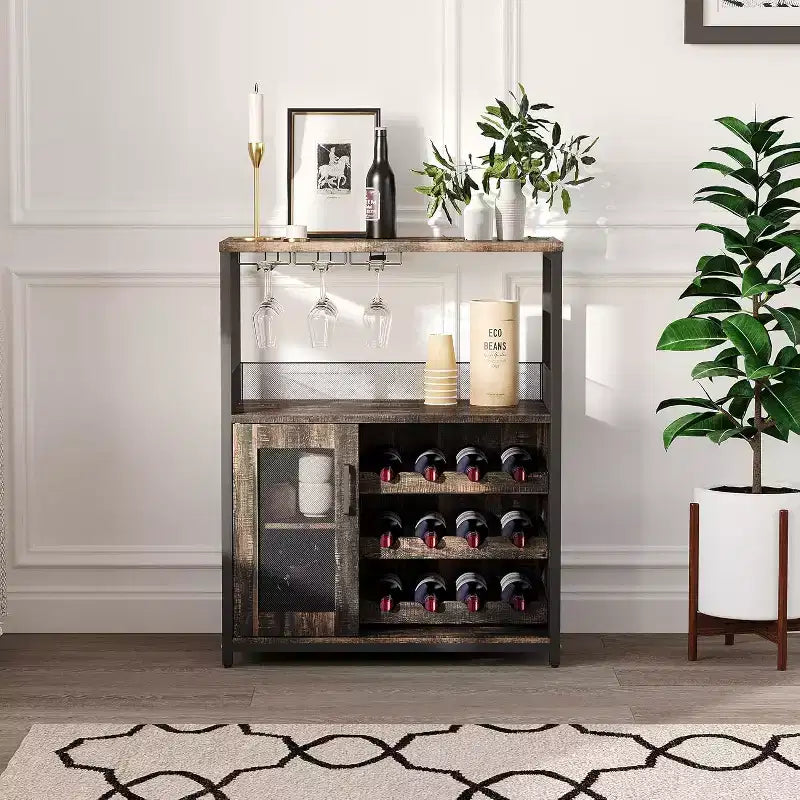 Mobile Bar per Caffè e Vino con Portabottiglie Rimovibile, Porta Bicchieri, Cassetto e Anta in Rete – Credenza e Contenitore per Sala da Pranzo, Cucina